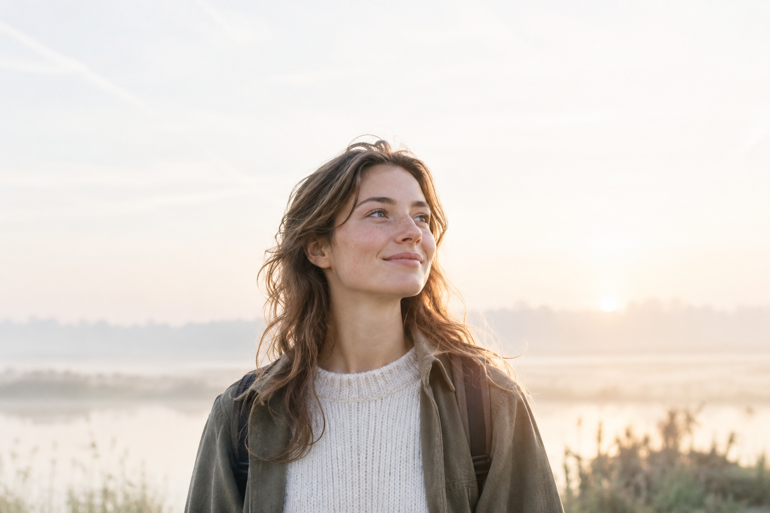 Jonge vrouw kijkt hoopvol naar het licht